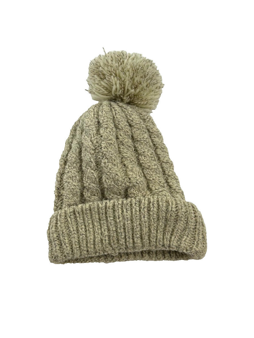 Cable Knit Beanie Hat Pom Pom Beige Tan Winter Warm Ribbed Cuff Slouchy OS